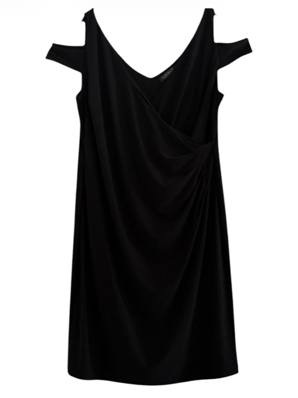 LAUREN RALPH LAUREN Black Cold Shoulder Draped Ruched Faux Wrap Dress Size 16